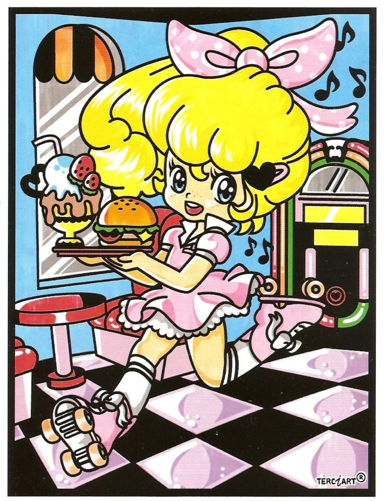 Photo d’un tableau à colorier en relief motif serveuse rétro en patins dans un diner américain