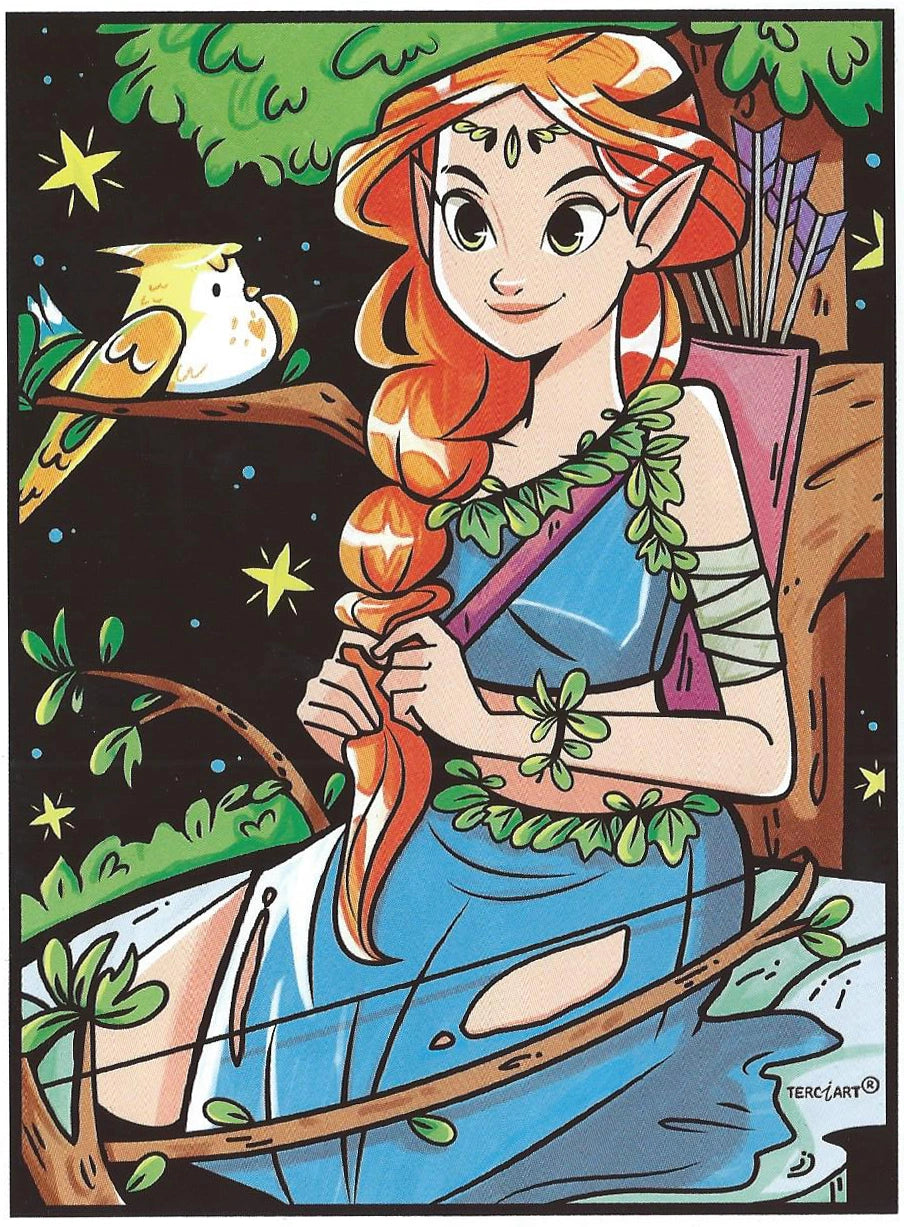 Photo d’un tableau à colorier en relief représentant une elfe assise dans la nature avec un oiseau.