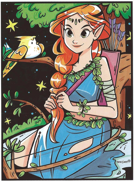 Photo d’un tableau à colorier en relief représentant une elfe assise dans la nature avec un oiseau.