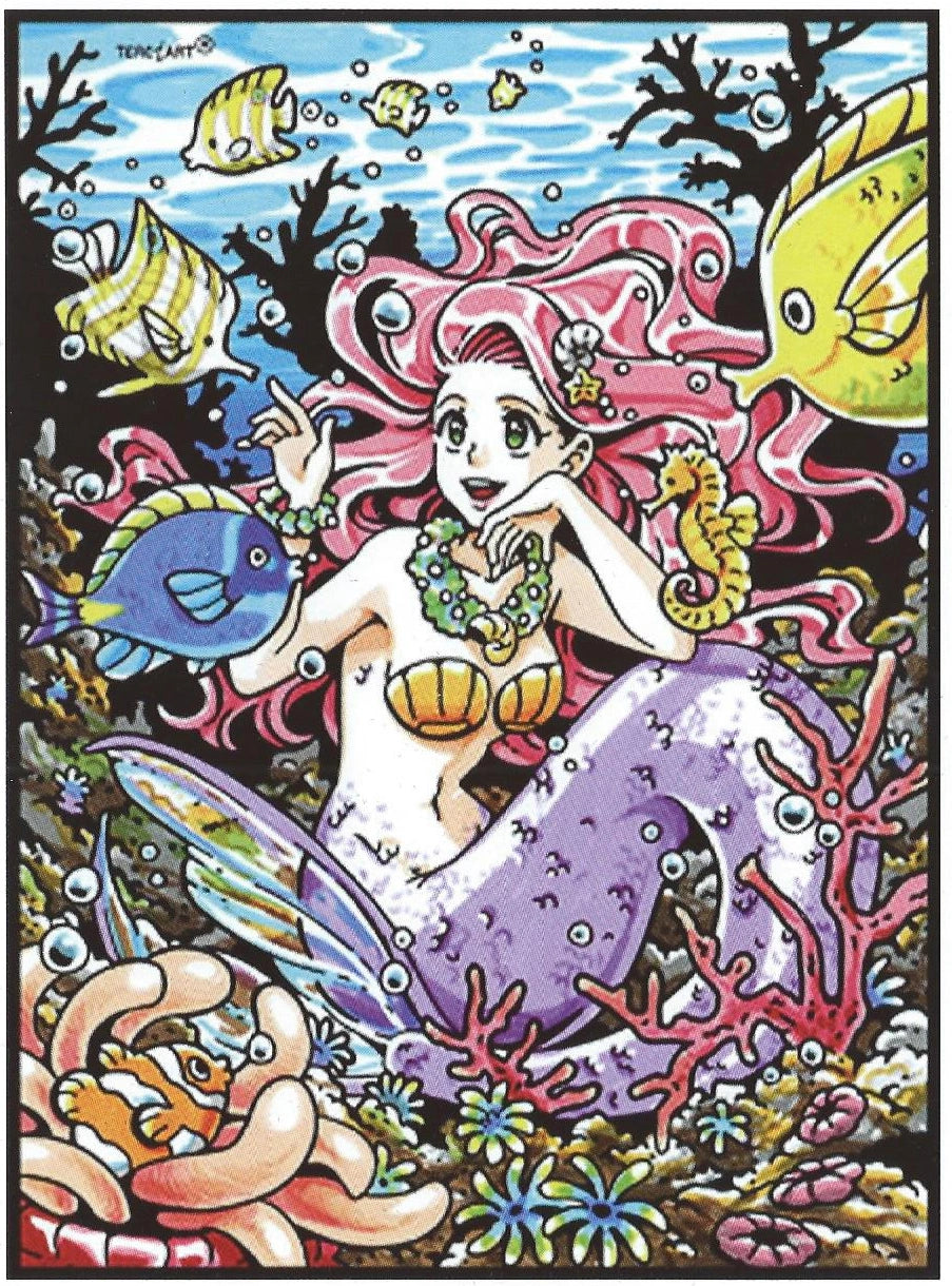 Photo d’un tableau à colorier en relief représentant une sirène entourée de poissons et de coraux.