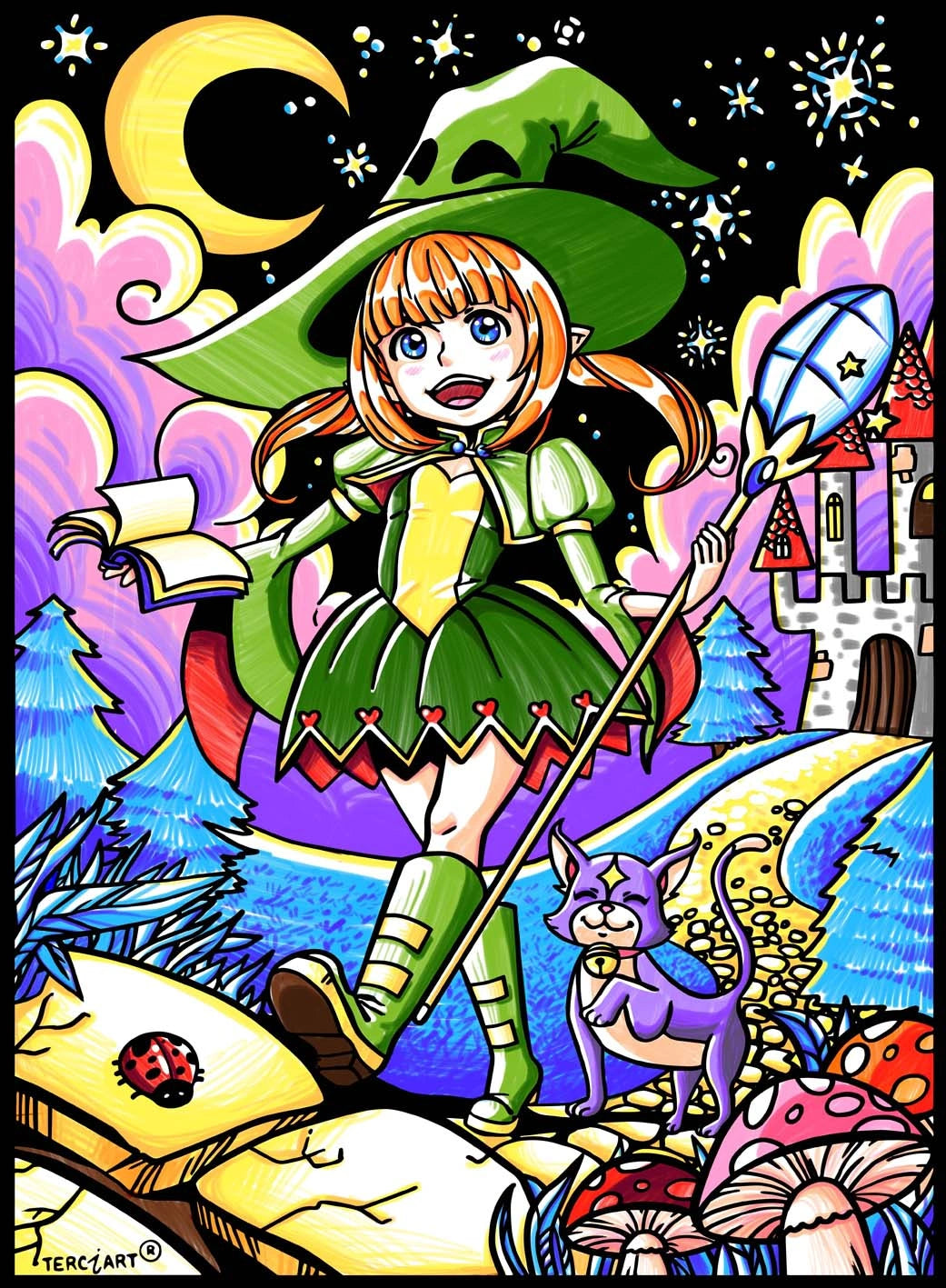 Photo d’un tableau à colorier en relief représentant une petite sorcière magique avec son chat et un château.