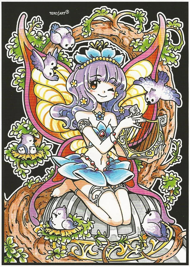 Tableau à colorier en relief représentant une fée jouant de la harpe entourée d’oiseaux et de nature.