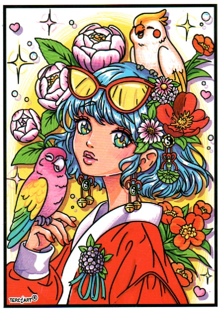 Fille manga aux oiseaux à colorier en velours — tableau en relief Terciart
