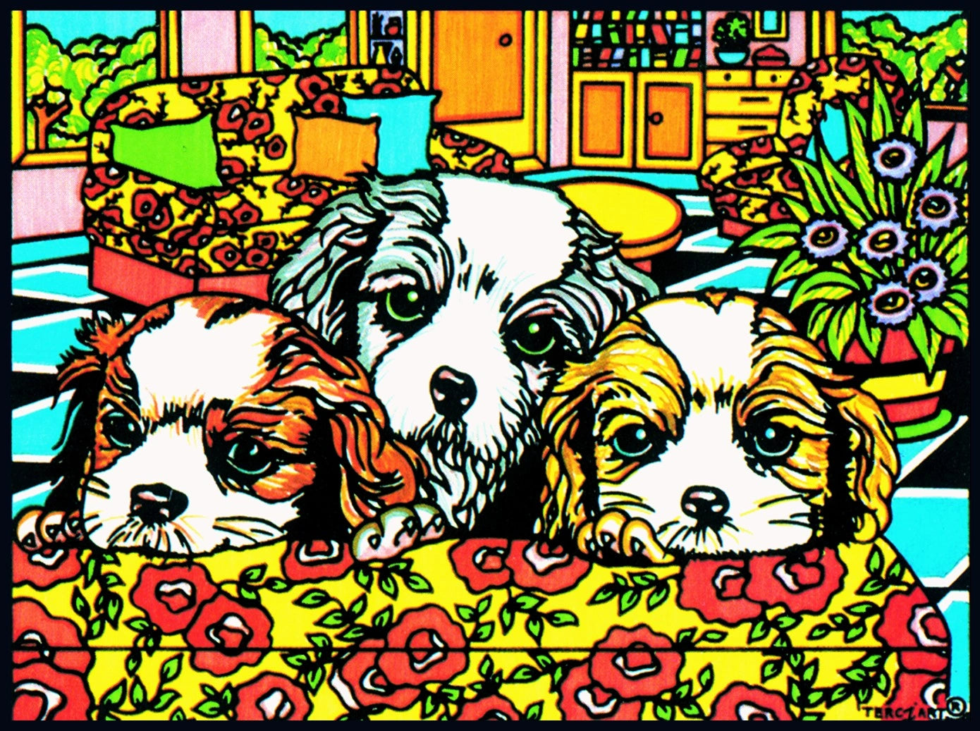 Photo d’un tableau à colorier en relief motif chiots dans un salon