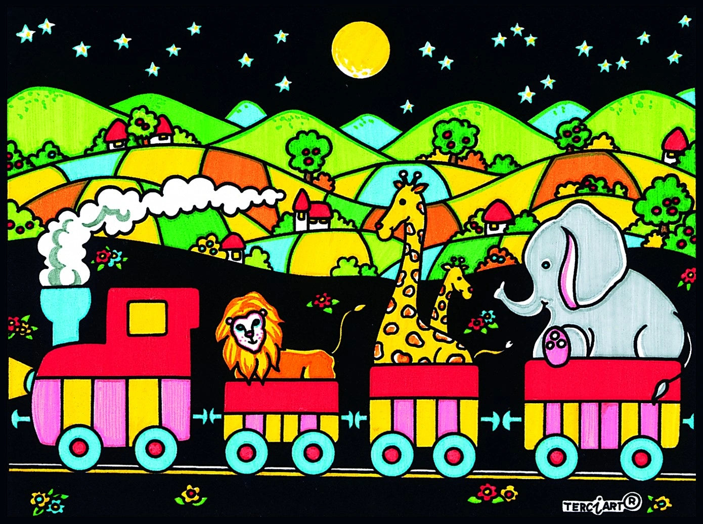 Photo d’un tableau à colorier en relief motif train avec animaux sauvages