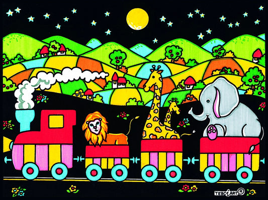 Photo d’un tableau à colorier en relief motif train avec animaux sauvages