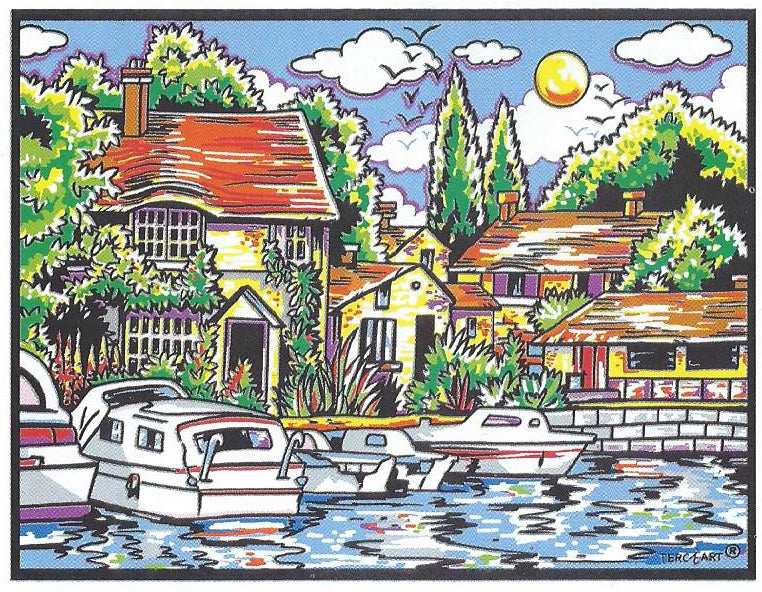 Photo d’un tableau à colorier en relief motif maisons au bord de l’eau avec bateaux.