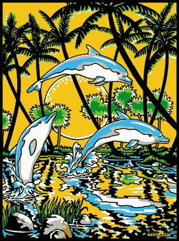 Photo d’un tableau à colorier en relief motif dauphins dans un décor tropical.