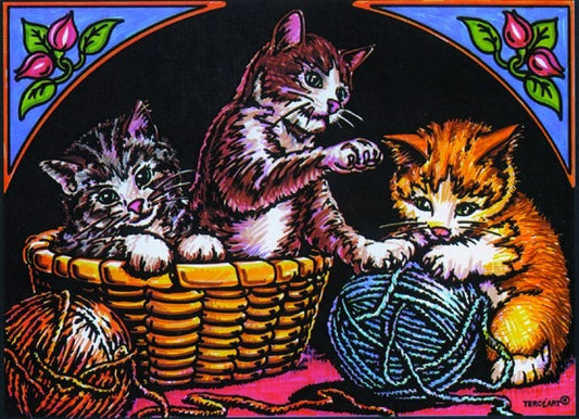 Photo d’un tableau à colorier en relief motif chatons et pelotes de laine.