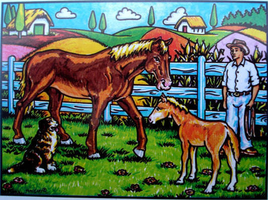 Photo d’un tableau à colorier en relief motif chevaux dans une ferme avec fermier et chien.