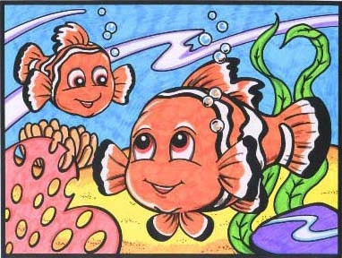 Photo d’un tableau à colorier en relief motif poissons clown dans un décor sous-marin.