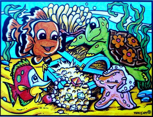Photo d’un tableau à colorier en relief motif animaux marins autour d’un trésor.