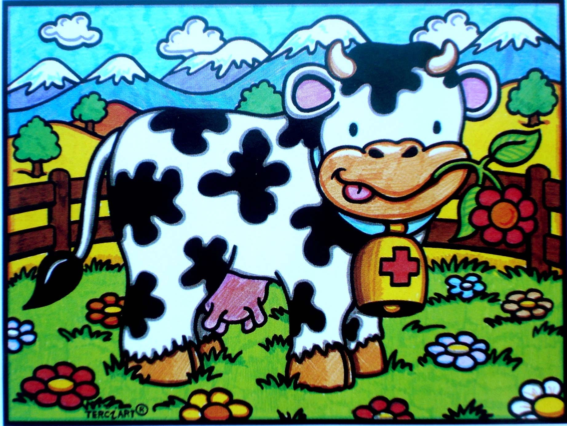 Photo d’un tableau à colorier en relief motif vache souriante dans un pré fleuri.