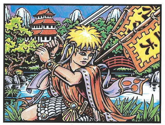 Photo d’un tableau à colorier en relief représentant un samouraï devant un palais japonais et un pont rouge.