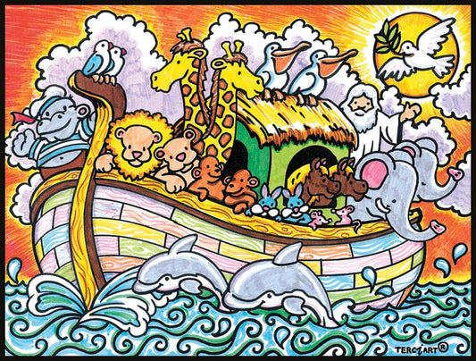 Photo d’un tableau à colorier en relief motif arche de Noé avec animaux et colombe de paix.