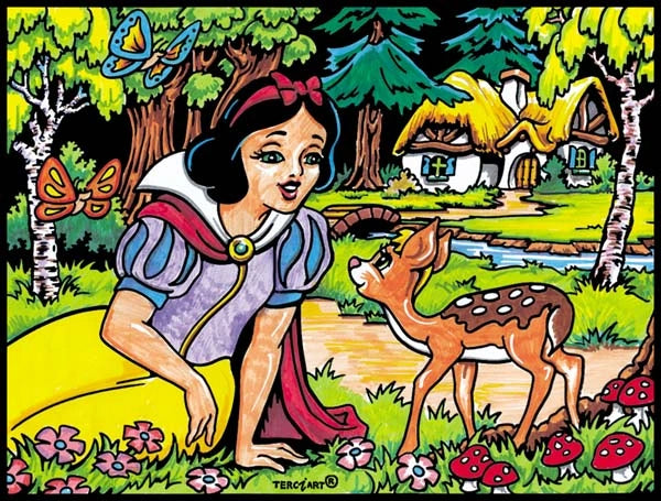 Photo d’un tableau à colorier en relief motif princesse avec un faon dans une clairière enchantée.