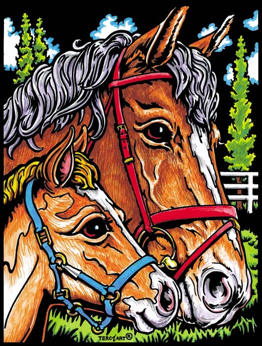 Photo d’un tableau à colorier en relief motif chevaux adulte et poulain.