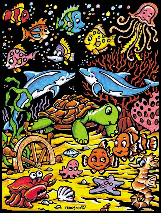 Photo d’un tableau à colorier en relief motif animaux marins avec poissons, dauphins et tortue.