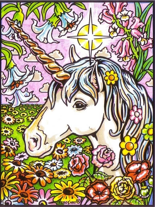 Photo d’un tableau à colorier en relief motif licorne féérique dans un champ fleuri.