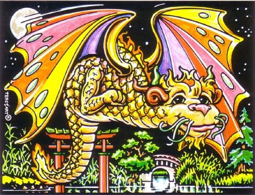 Photo d’un tableau à colorier en relief motif dragon doré aux ailes colorées dans un décor asiatique.