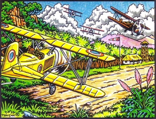 Photo d’un tableau à colorier en relief avec plusieurs avions anciens volant au-dessus d’une piste tropicale.