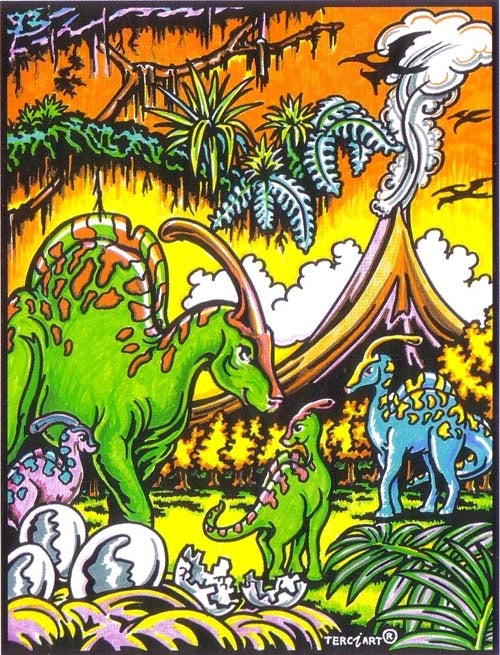 Photo d’un tableau à colorier en relief motif dinosaures avec volcan et œufs.