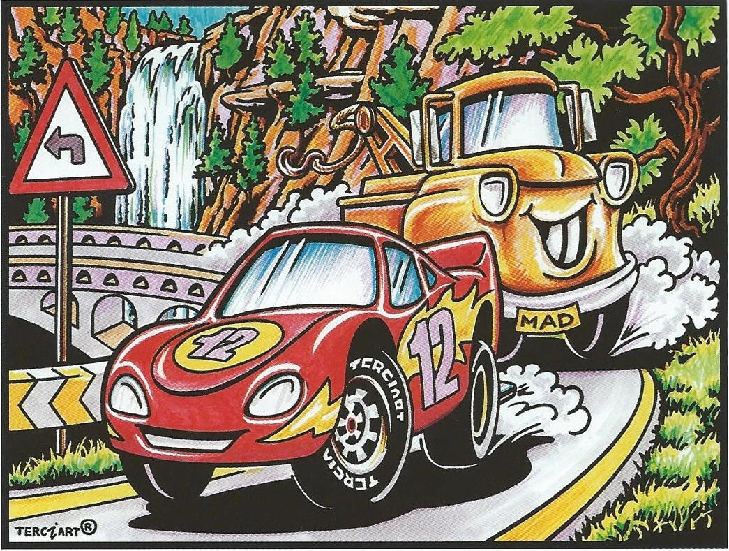 Tableau à colorier en relief avec une voiture de course rouge et un camion souriant sur une route de montagne.