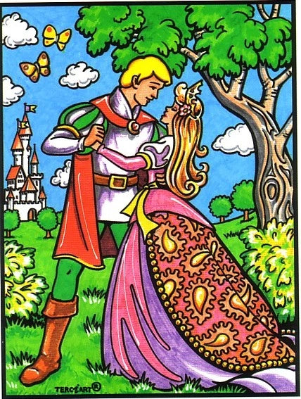 Photo d’un tableau à colorier en relief motif prince et princesse dans un décor de conte de fées.