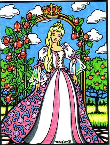 Photo d’un tableau à colorier en relief motif princesse couronnée dans un jardin fleuri.