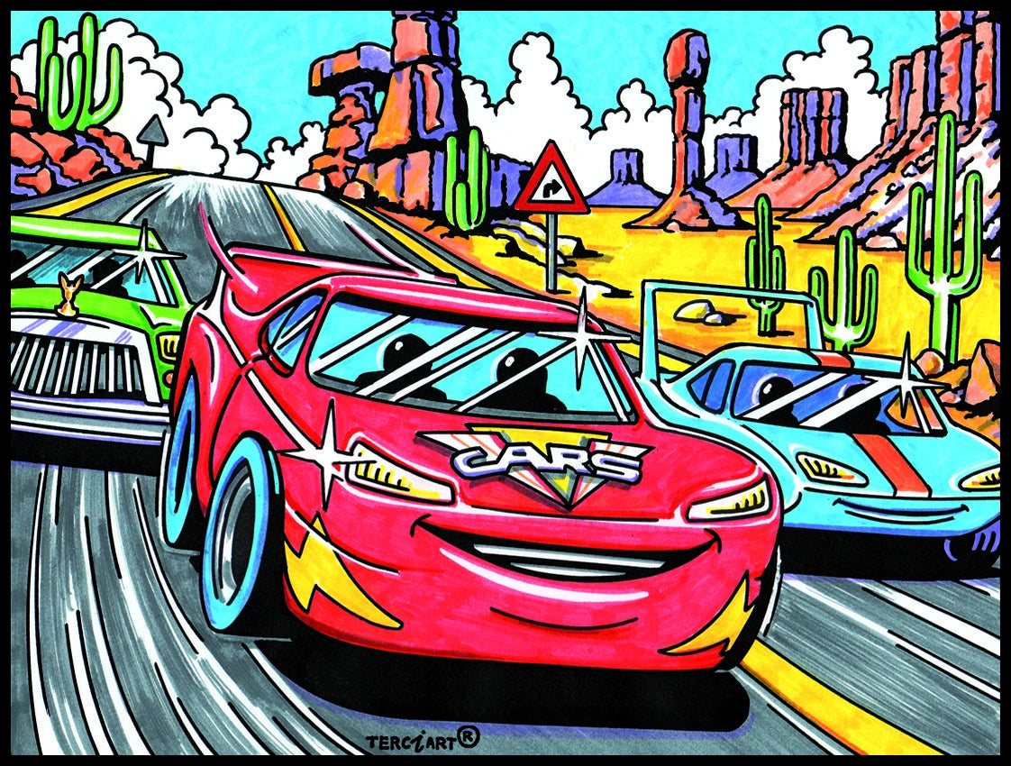 Photo d’un tableau à colorier en relief motif voitures de course dans un désert.