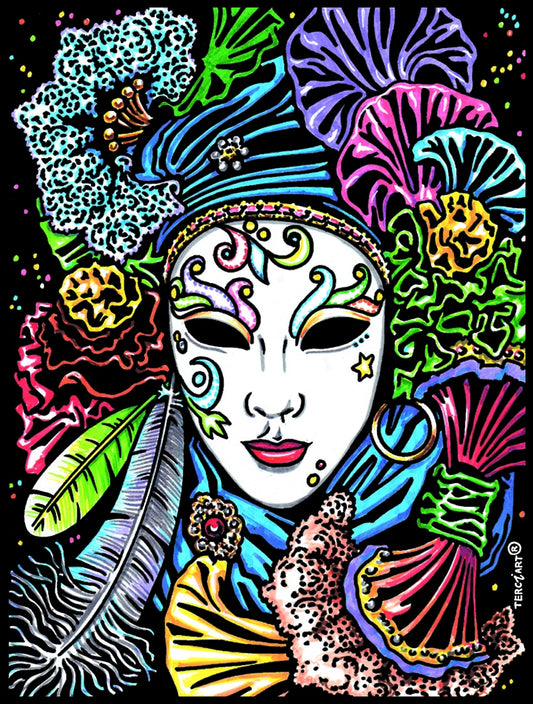 Photo d’un tableau à colorier en relief motif masque vénitien orné de fleurs et plumes.