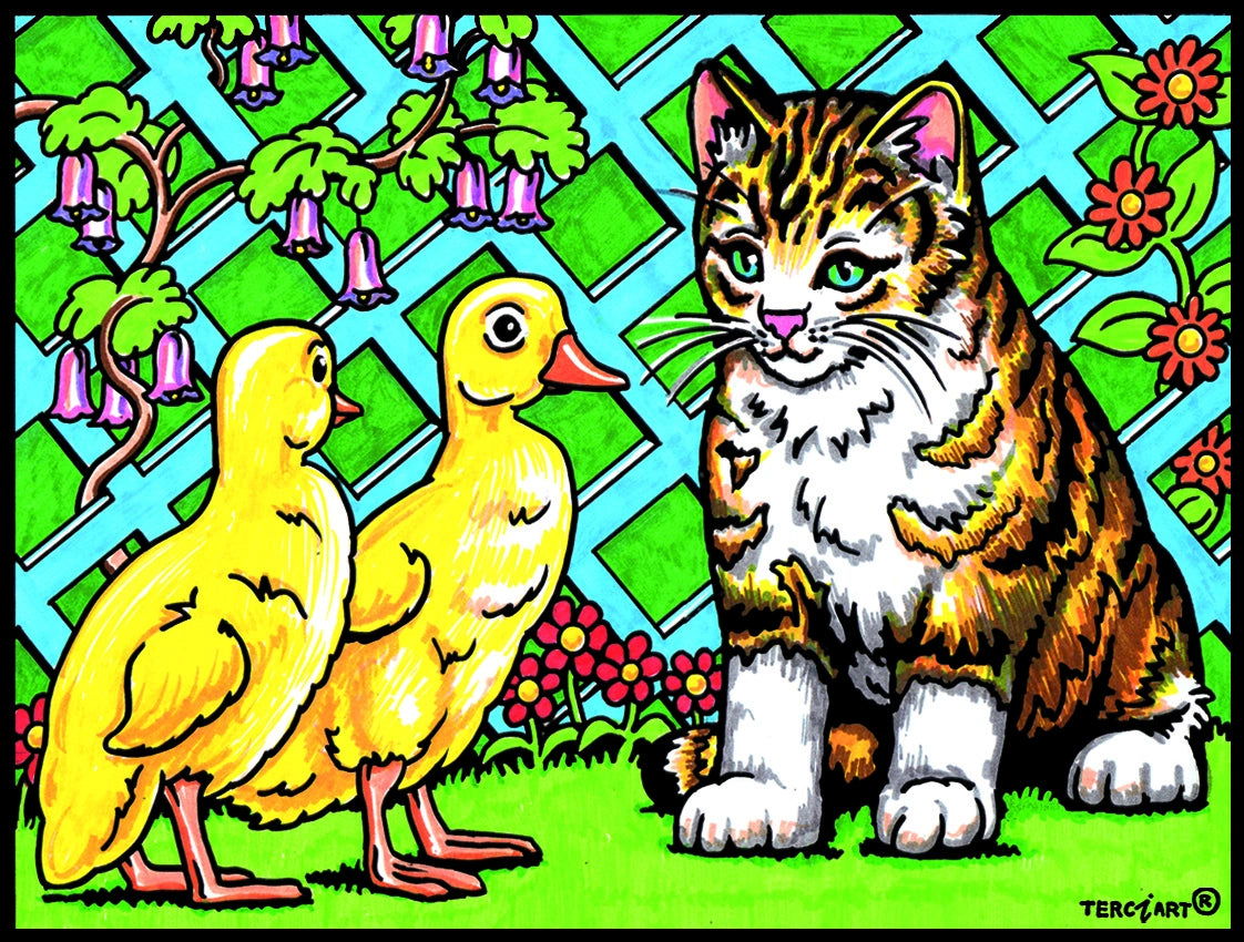 Photo d’un tableau à colorier en relief motif chat et canetons dans un jardin.