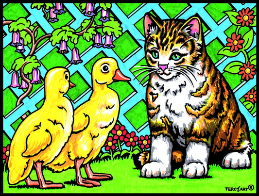 Photo d’un tableau à colorier en relief motif chat et canetons dans un jardin.