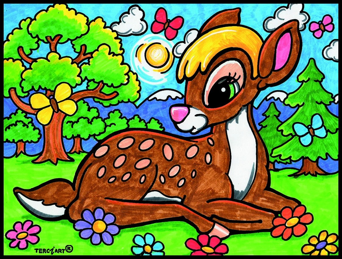 Photo d’un tableau à colorier en relief motif faon mignon dans un pré fleuri avec papillons