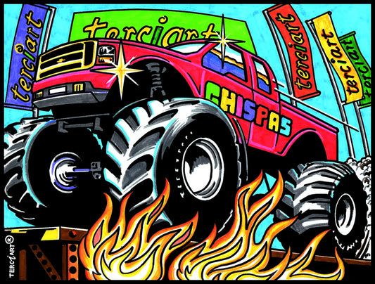 Photo d’un tableau à colorier en relief motif monster truck rouge franchissant des flammes.