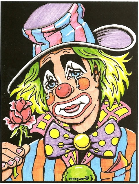 Photo d’un tableau à colorier en relief motif clown triste avec chapeau et fleur.