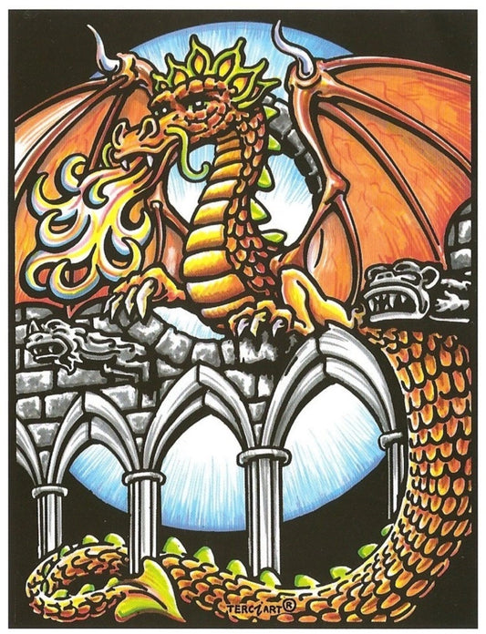 Photo d’un tableau à colorier en relief motif dragon cracheur de feu sur ruines médiévales.