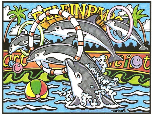 Photo d’un tableau à colorier en relief motif dauphins sautant à travers des cerceaux dans un spectacle aquatique.
