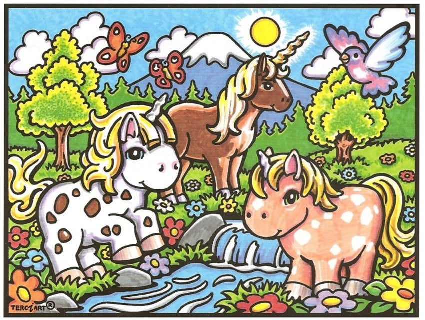 Photo d’un tableau à colorier en relief motif licornes dans un décor fleuri et ensoleillé.