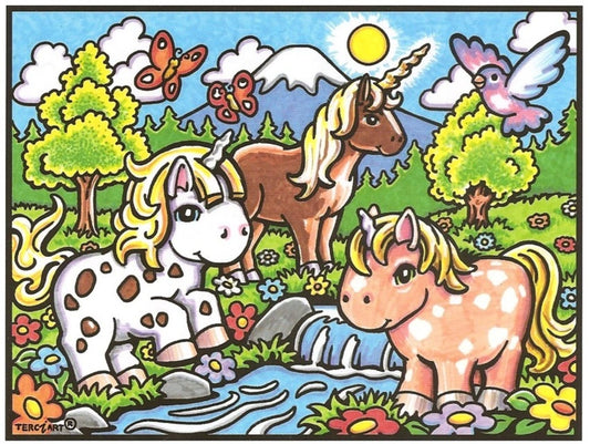 Photo d’un tableau à colorier en relief motif licornes dans un décor fleuri et ensoleillé.