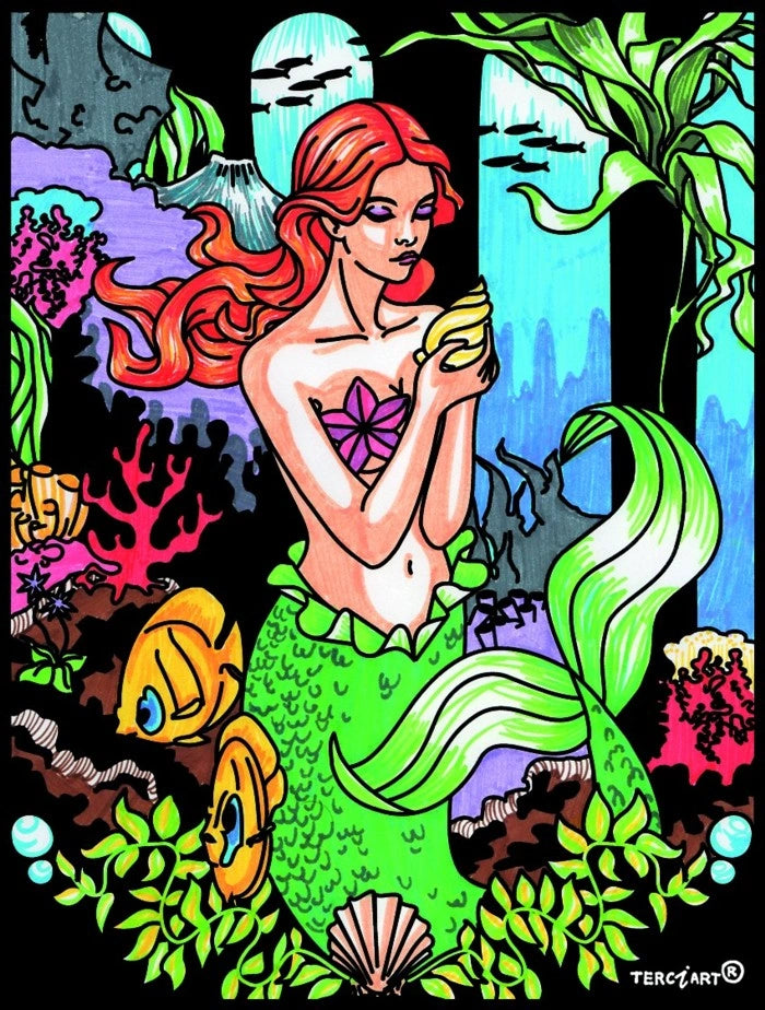 Photo d’un tableau à colorier en relief motif sirène tenant un coquillage dans l’océan.