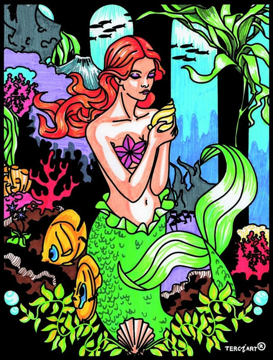 Photo d’un tableau à colorier en relief motif sirène tenant un coquillage dans l’océan.