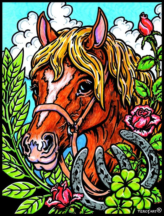 Photo d’un tableau à colorier en relief motif cheval brun avec fleurs et fers à cheval.
