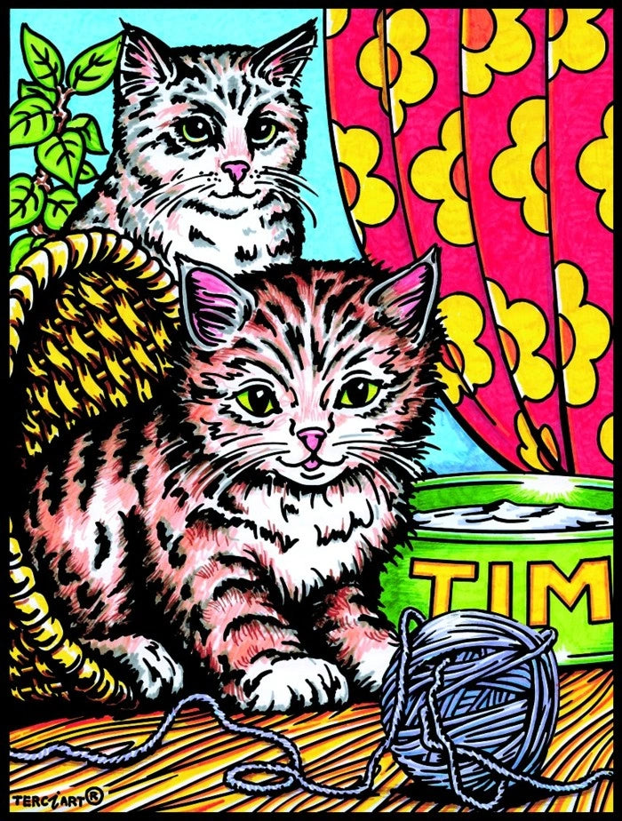 Photo d’un tableau à colorier en relief motif chatons avec pelote de laine.