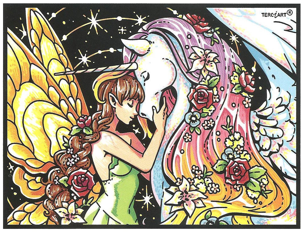 Photo d’un tableau à colorier en relief motif fée et licorne aux fleurs dans un décor étoilé.