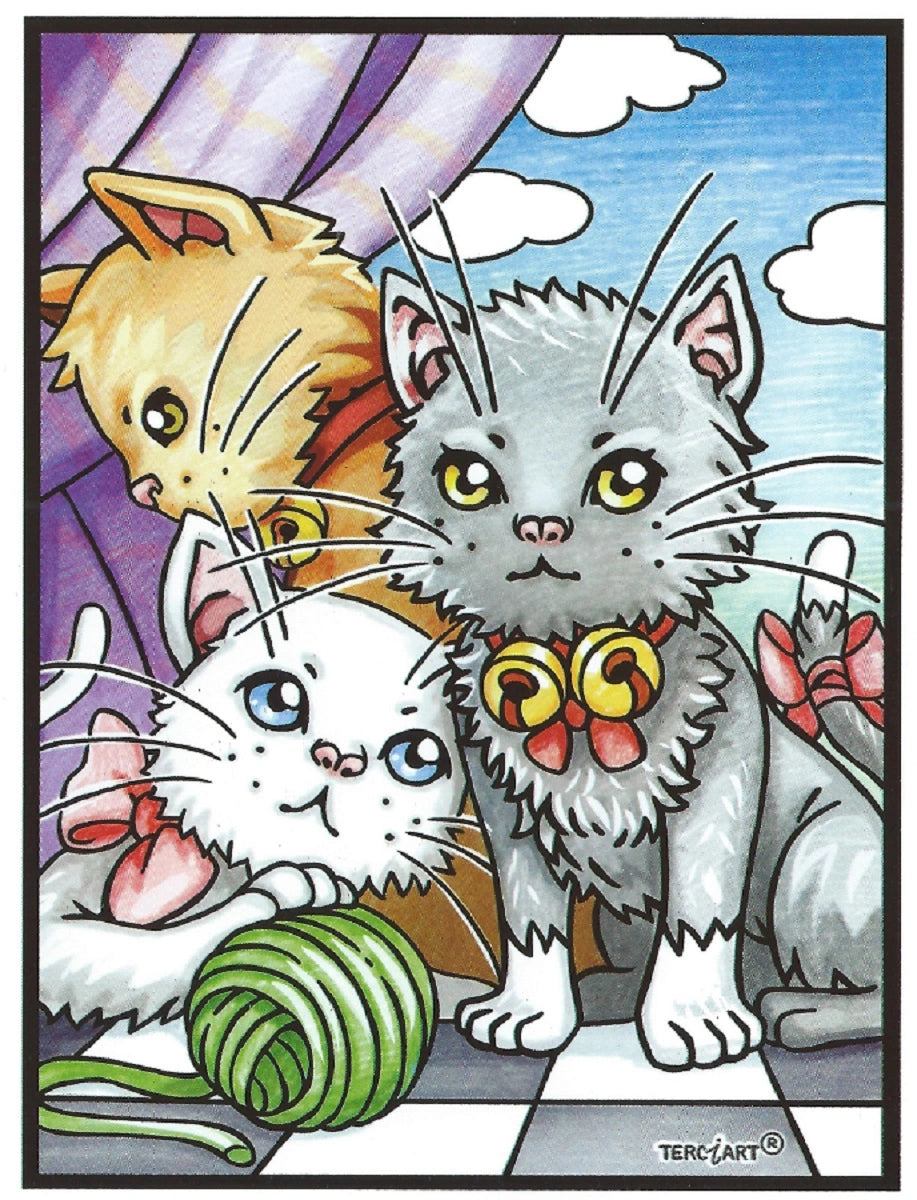 Photo d’un tableau à colorier en relief motif trois chatons avec pelote de laine.