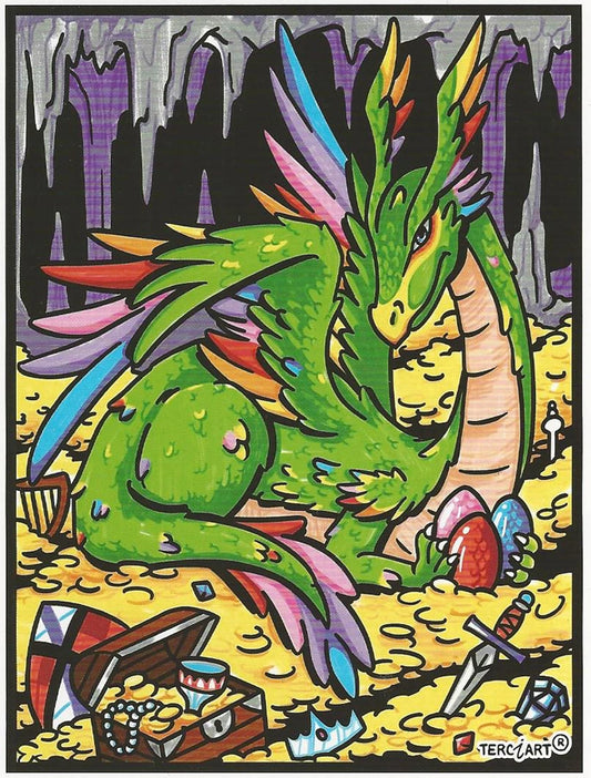 Photo d’un tableau à colorier en relief représentant un dragon vert dans une grotte remplie de trésors et d’œufs.