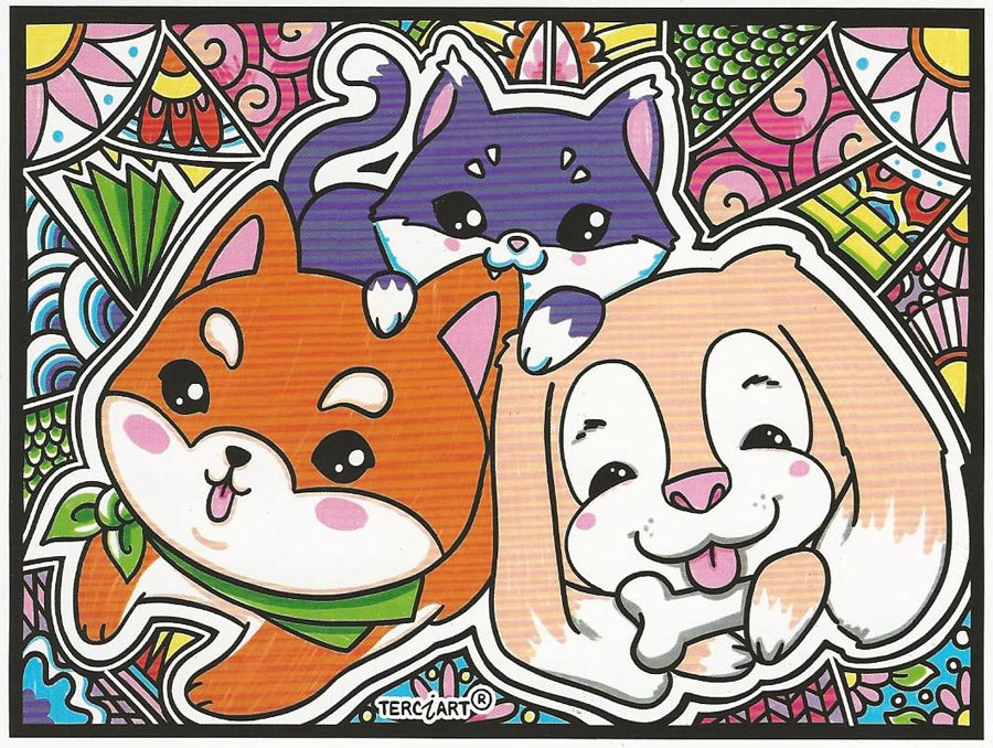 Photo d’un tableau à colorier en relief représentant trois chiots kawaii avec un os et un foulard.