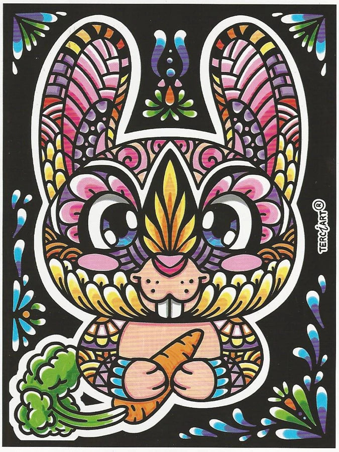 Photo d’un tableau à colorier en relief représentant un lapin mignon tenant une carotte.