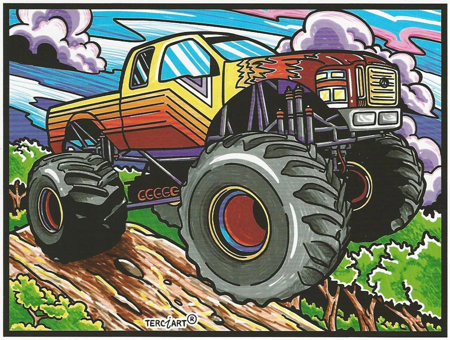 Photo d’un tableau à colorier en relief représentant un monster truck aux roues géantes.